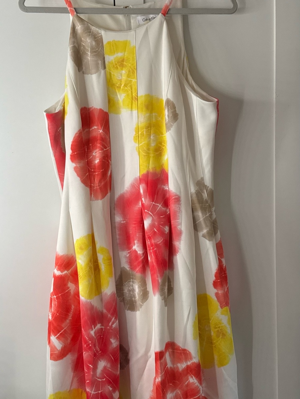 Calvin Klein White Maxi Dress with Coral, Yellow & Taupe Floral Print